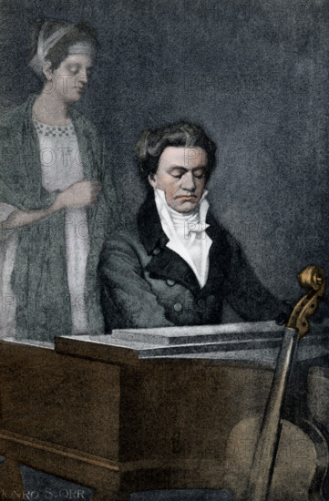 This illustration shows the German composer Ludwig van Beethoven and the Countess Therese. Beethoven (1770-1827), a composer and pianist is one of the most admired composers in the history of Western music. His works rank amongst the most performed of the classical music repertoire and span the transition from the Classical period to the Romantic era in classical music. Countess Therese was a member of the Hungarian nobility. One of  Beethoven's students, she was the dedicatee for his Piano Sonata No. 24. Some speculated that she, not her sister Josephine who is generally accepted as the addressee, may have been the intended recipient of Beethoven's letter to the ""Immortal Beloved."".