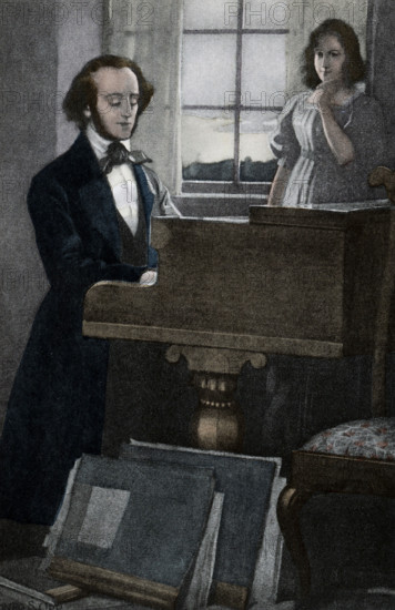 This illustration shows Felix Mendelssohn (1809-1847), a German composer, pianist, organist and conductor of the early Romantic period. Mendelssohn's compositions include symphonies, concertos, piano music, organ music and chamber music.  Cecile, the wife of Mendelssohn, was the daughter of a French Protestant minister who settled in Frankfurt, Germany. She died in 1853.