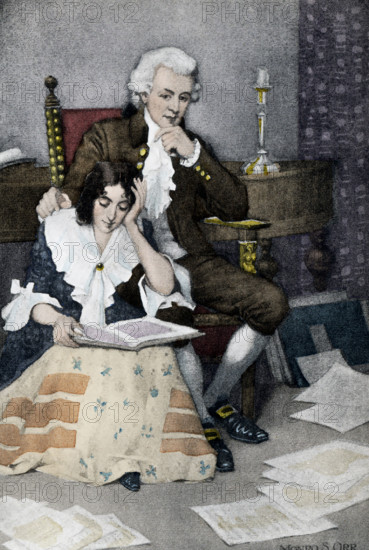 This illustration shows the Austrian composer Wolfgang Amadeus Mozart (1756-1791) and his wife Constance. Mozart was a prolific and influential composer of the Classical period. Despite his short life, his rapid pace of composition resulted in more than 800 works of virtually every genre of his time.