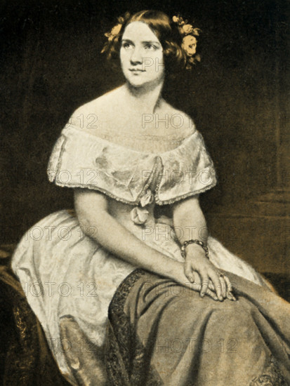 This photo/illustration shows Jenny Lind (1820-1887), who was once called ""one of the finest pearls in the world's chaplet of song."" She was born in Stockholm and made her appearance in opera early. She became extremely successful, not only in her native land, but also in London. In 1849, she left the stage and the sang only in concerts. In 1850, she toured the United States. She was noted for her technical control of a soprano voice of great compass, power, sweetness, and perfect purity.