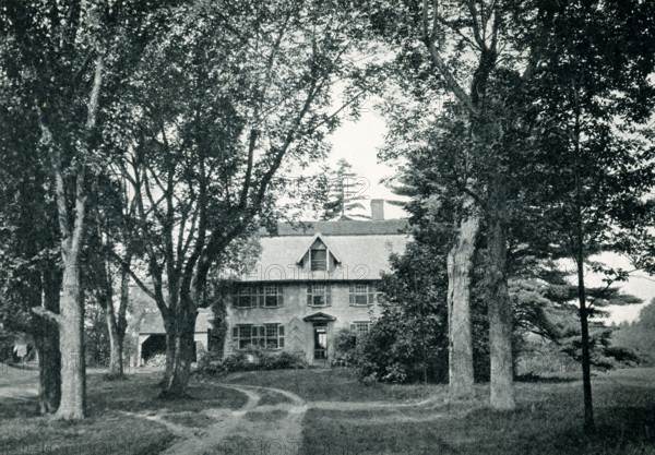 The 1920 caption reads: ""Old Manse in Concord, Massachusetts."" The house is a handsome Georgian clapboard built on the banks of the Concord River in 1770 for patriot minister William Emerson. The upstairs overlooks North Bridge, where the famous battle of April 19, 1775, took place. Later, some of New England's most esteemed minds found inspiration inside its walls. In the 19th century, Ralph Waldo Emerson and Nathaniel Hawthorne both called the Manse home for a time.