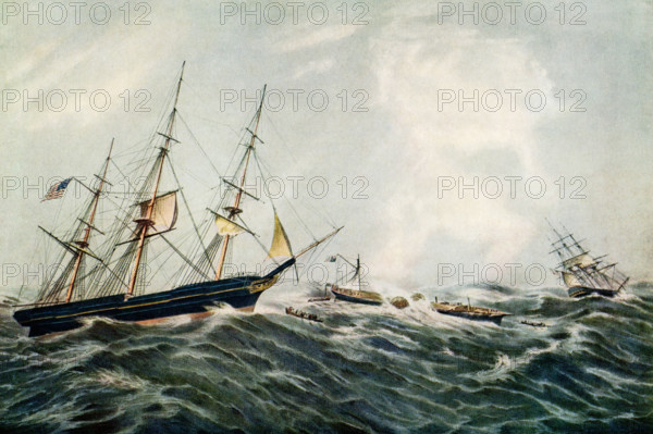 Wreck of the Steamship 'San Francisco' disabled on her voyage home from New York to San Francisco December 24 1853 and in sinking condition painted by F E Butterworth  N Currier 1854.