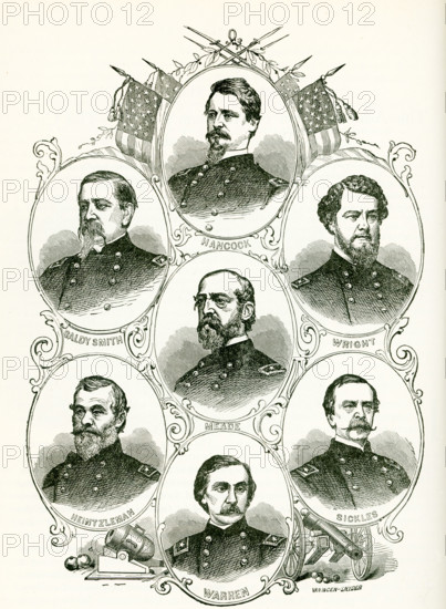 The illustration here shows the portraits of some of the Generals of the Army of the Potomac. they are, from top to bottom, left to right: Hancock, Baldy Smith, Wright, Meade, Heintzleman, Sicklees, Warren.