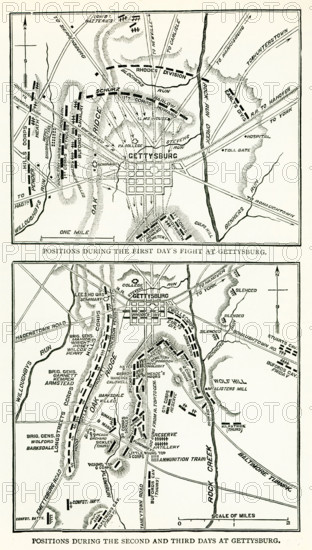 The Battle of Gettysburg was fought July 1-3, 1863, in and around the town of Gettysburg, Pennsylvania, by Union and Confederate forces during the American Civil War. The battle involved the largest number of casualties of the entire war and is often described as the war's turning point. Union Maj. Gen. George Meade's Army of the Potomac defeated attacks by Confederate Gen. Robert E. Lee's Army of Northern Virginia, ending Lee's attempt to invade the North. Shown here - Top - First Day of Battle. Bottom: Second and Thurd Day of Battli.