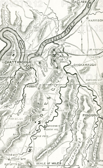 Shown here is a map  of the Chickamauga and Chattanooga campaigns during the American (US) Civil War. The Confederate army secured a decisive victory at Chickamauga (Sept 18-20, 1863)  but lost 20 percent of its force in battle. After two days of fierce fighting, the Rebels broke through Union lines and forced the Federals into a siege at Chattanooga. The Federals' victory at Chattanooga (Nov 23-25, 1863) opened up the Deep South for a Union invasion and set the stage for Maj. Gen. William T. Sherman's Atlanta Campaign the following spring.