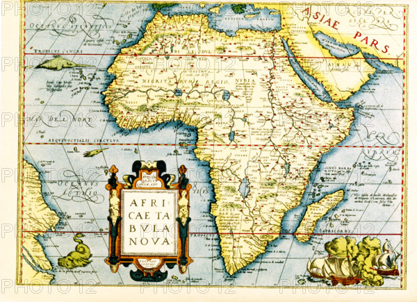 Map of Africa - the inset in lower left titles it: Africa tabula Nova. Below that is the date 1570 and the place Antwerp. The cartographer is Abraham Ortelius, a Dutch cartographer, geographer, and cosmographer, conventionally recognized as the creator of the first modern atlas, the Theatrum Orbis Terrarum.