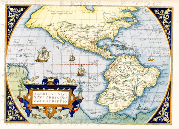 Abraham Ortelius's map of the Americas, Americae sive Novi Orbis, Nova Descriptio.   Originally published in 1570, the first plate of this map was based off of Gerard Mercator's multi-sheet map of the world from 1569. Engraved by Frans Hogenberg, this became one of the most famous influential maps of the New World and the basis for a great deal of future cartography of the Americas.  Abraham Ortelius (1527-1598) was a Dutch cartographer, geographer, and cosmographer, conventionally recognized as the creator of the first modern atlas, the Theatrum Orbis Terrarum.