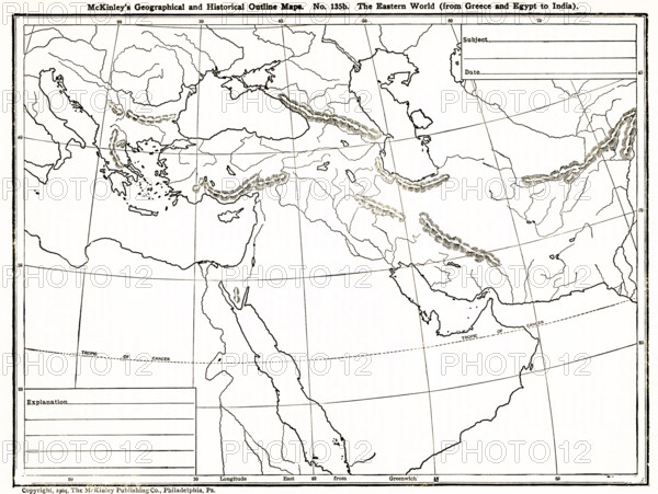 This geographical and historical outline map shows the Eastern world from Greece to Egypt to India.