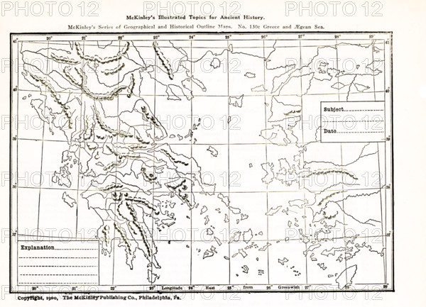 This geogrpahical and historical outline maps shows Greece and the Aegean Sea area.