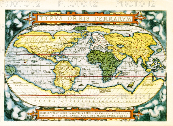 The text at the top of this world map by Abraham Ortelius reads: Typus Orbis Terrarum (Map of the World). The map dates to 1570 and is the first map of the world to appear in a standard atlas and is thus of fundamental importance to the history of cartography. Centered on the Atlantic Ocean, the map covers the entire world from pole to pole. The general presentation of an oval projection derived from earlier maps by Appianus and Bordonius, Cartographically it is derived from the world of Gerard Mercator (1569), Gastaldi (1561) and Gutierrez. The text at the bottom is a quote attributed to the Roman orator Cicero: Quid ei potest videri magnum in rebus humanis, cui aeternitas omnis totiusque mundi nota sit magnitude (For what can seem of moment in human occurences to a man who keeps all eternity before his eyes and knows the vastness of the universe). Abraham Ortelius (1527-1598) was a Dutch cartographer, geographer, and cosmographer, conventionally recognized as the creator of the first...