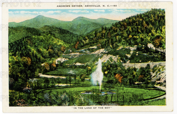 This 1930s postcard shows Andrews Geyser in Asheville, North Carolina. The quote at the bottom of the card says: ""In the Land of the Sky."" Andrews Geyser is a man-made fountain in Old Fort in North Carolina. The fountain is named for Colonel Andrews who was vice-president of the Southern Railway Company. The fountain was constructed in 1885.