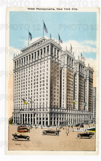 This 1930s postcard shows Hotel Pennsylvania in New York City. The hotel dates to 1919 and is on 7th Avenue (15 Penn Plaza). It is across the street from Pennsyvania Station and Madison Square Garden. It has 22 floors.  It was designed by McKim, Mead, & White.