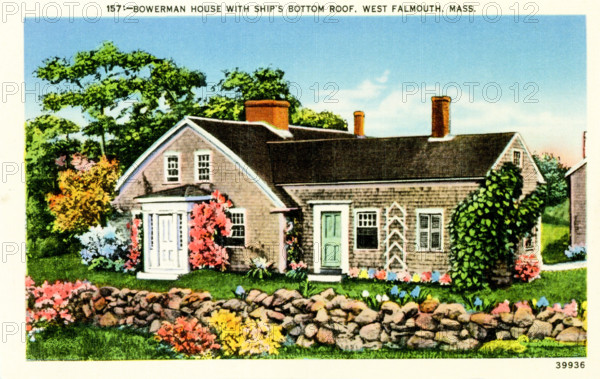 Bowerman House (or Saconesset Homestead) with Ship's Bottom Roof, West Falmouth, MA.