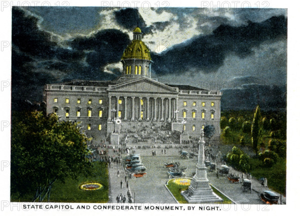 Columbia South Carolina 1918:  State Capitol and Confederate Monument by night.