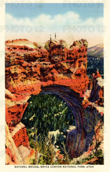 Natural Bridge, Bryce Canyon National Park, Utah - 1936-The Natural Bridge is noted for its beauty of form and delicate coloring, rather than size, and should be seen to be appreciated. Bryce Canyon National Park is reached via motor bus from Cedar City, Utah, on the line of the Union Pacific Railroad Company, 275 miles south of Salt Lake City, which is the gateway to this and other scenic attractions in Southern Utah, Zion National Park, Cedar Breaks, likewise Kaibab National forest and North Rim of the Grand Canyon, Arizona.