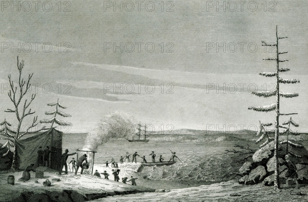 This image shows the landing of the Pilgrims in 1620. Their ship, the Mayflower, can be seen anchored in the distance.