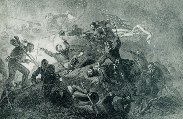 Seen here is the capture of Roanoke Island and the Charge of Zouaves. The illustration depicts Confederate and Union (the 9th New York Voulunteer Infantry, aka Hawkins Zouaves) troops in hand to hand combat during the battle of Roanoke Island, February 8, 1862. The 9th New York Infantry Regiment was an infantry regiment that served in the Union Army during the American Civil War. It was also known as the ""Hawkins' Zouaves"" or the ""New York Zouaves"".