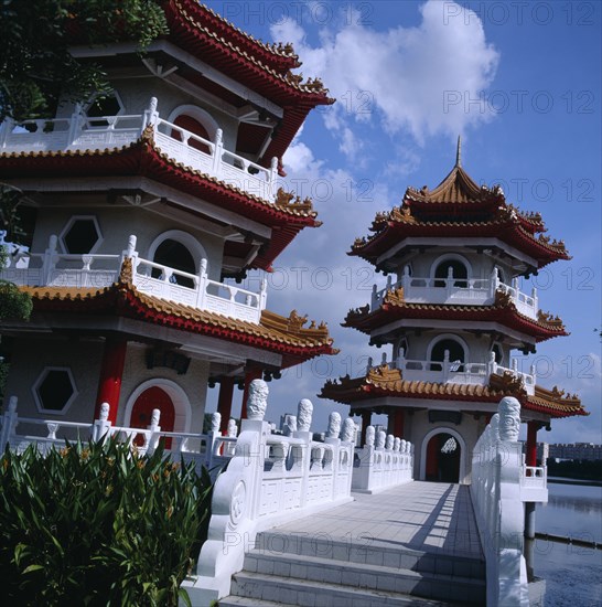 SINGAPORE, Sentosa, The Chinese Gardens. Twin chinese towers with paved entrance steps