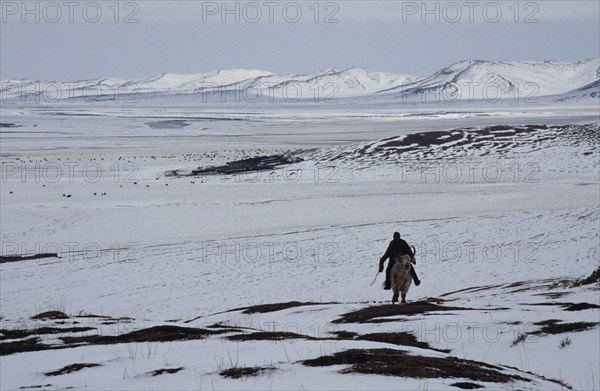 CHINA, Sichuan, Zoige, Man riding yak through snow covered landscape.