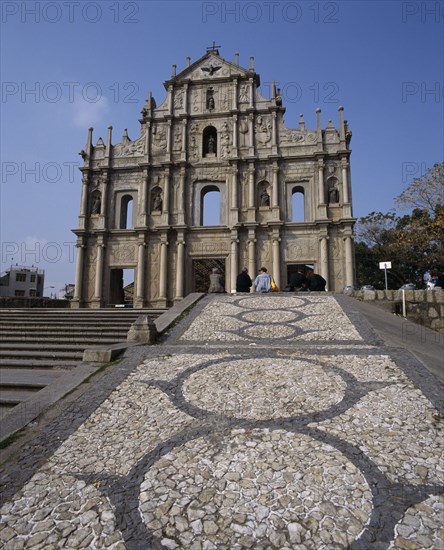 MACAU,  Sao Paulo , Church remains with statues in recessed arches and mosaic path