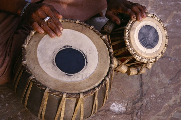 INDIA, Uttar Pradesh, Vrindavan, Cropped shot of tabla player.