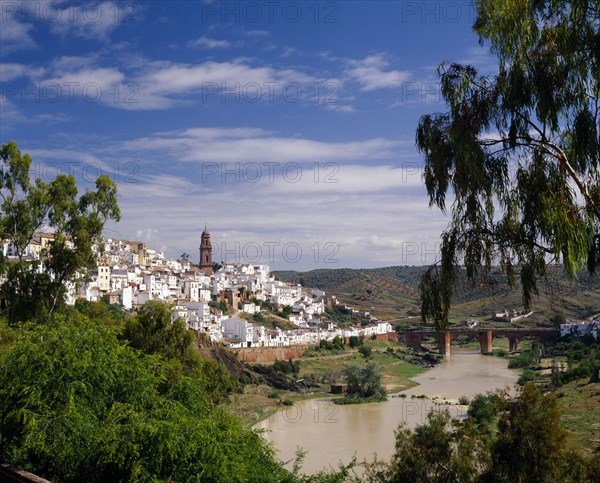 SPAIN, Andalucia, Cordoba Province, "Montoro, view over white painted hillside village with river and bridge in front "