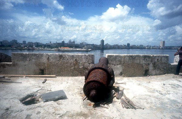 CUBA,  , Havana, El Moro Canon and city skyline behind