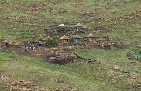 LESOTHO, Near Katse,  Basotho Homesteads on hillside.
