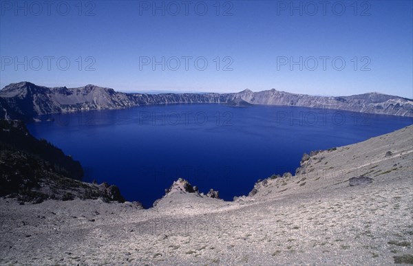 USA, Oregon, Crater Lake National Park, View over water filled crater formed after the erruption of Mount Mazama