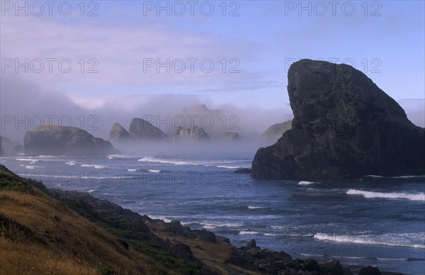 USA, Oregon , Near Cape Sebastian , Misty coastline with rocky outcrops