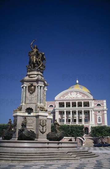 BRAZIL, Amaozonas, Manaus, Opera House facade seen over square with central column with bronze statue on top