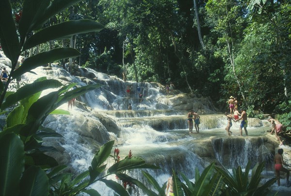 WEST INDIES, Jamaica, Ocho Rios, Dunns River Falls through trees with tourists walking in the pools