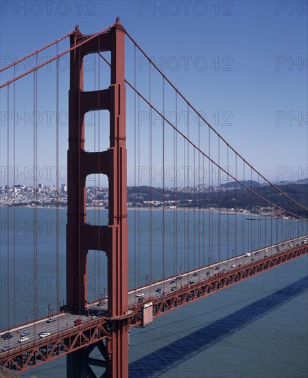 USA, California, San Fransisco, Golden Gate Bridge general view with the city in the distance.