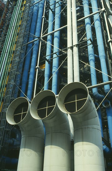 FRANCE, Ile de France, Paris, View looking up at exterior detail of the Pompidou Centre Beaubourg