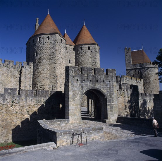 FRANCE, Languedoc Roussillon  Aude, Carcassonne , Fortified old town walls La Cite entrance  General view