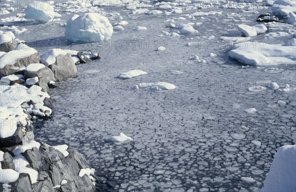 ANTARCTICA, Landscape, Pancake Ice covering the surface of the sea with snow covered land and scattered iceburgs