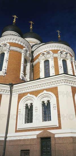 ESTONIA,  , Tallinn, "Alexandra Nevsky Cathedral detail of  the exterior with colourful walls, ornate windows and rooftop domes "