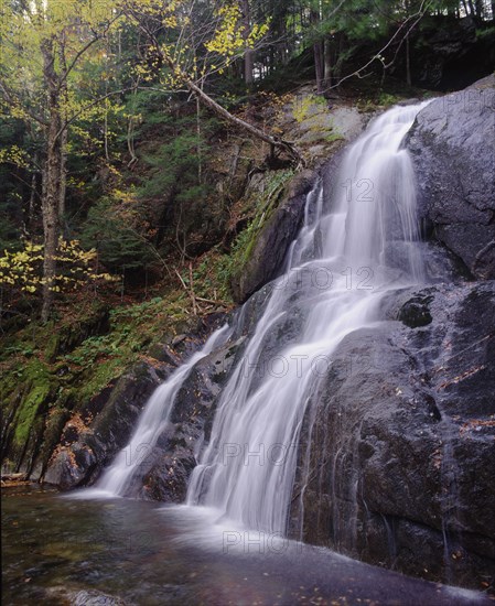 USA, Vermont, Green Mountain National Park, Moss Glen Falls.  Waterfall over steep rockface in wooded area.