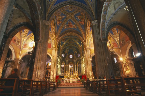 ITALY, Lazio, Rome, "Santa Maria sopra Minerva, 13th century Gothic church.  Interior view of vaulted nave.  "