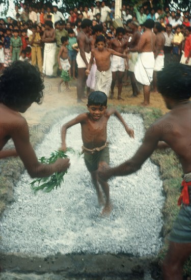 SRI LANKA , Chilaw, "Young boys firewalking, walking barefoot across hot coals encouraged by watching crowd and waiting men."