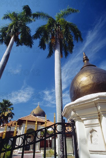 MALAYSIA, Penang, Georgetown, "Kapitan Kling Mosque, built by the first Indian Muslim settlers in Penang c.1800.  Part view of exterior framed by palm trees. "