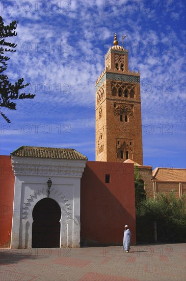 MOROCCO, Marrakech, Koutoubia Mosque entrance gate and minaret