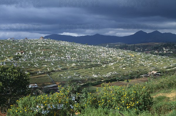 VIETNAM, Dalat, View over large cemetery set in the hills over the city