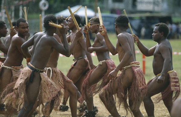 PACIFIC ISLANDS, Melanesia, Vanuatu Islands, Efate Island.  Port Vila.  Men from Pentecost Island performing traditional dance at cultural festival.
