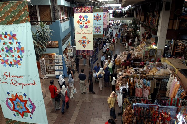 MALAYSIA, Kuala Lumpur, View looking down on the Central Market area with hanging banners above