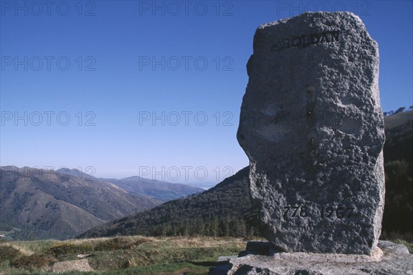 SPAIN, Navarra, Roncesvalles, Stone marking the begining of the French Pilgrims Way to Santiago de Compostella