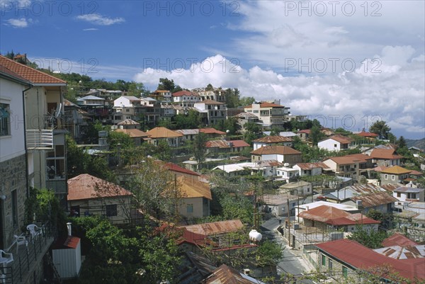 CYPRUS, Troodos Mountains, Pedhoulas, Red tiled rooftops of village in the foothills of the Troodos Mountains.