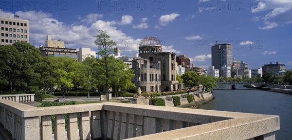 JAPAN, Honshu, Hiroshima, View of the A Bomb Dome from Aioi bashi Bridge