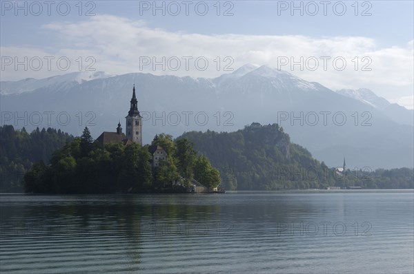 SLOVENIA, Lake Bled, View over the lake toward Bled Island and tower of the Church of the Assumption with Bled town in the background
