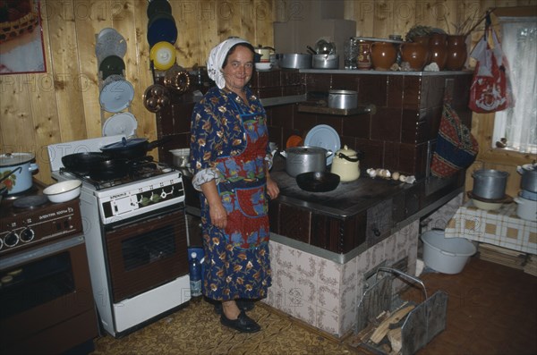 UKRAINE, Carpathian Mountains, Hutsul woman in kitchen.